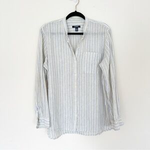 Chaps Womens Boyfriend White & Blue Striped Button-Up Shirt Large Linen Cotton